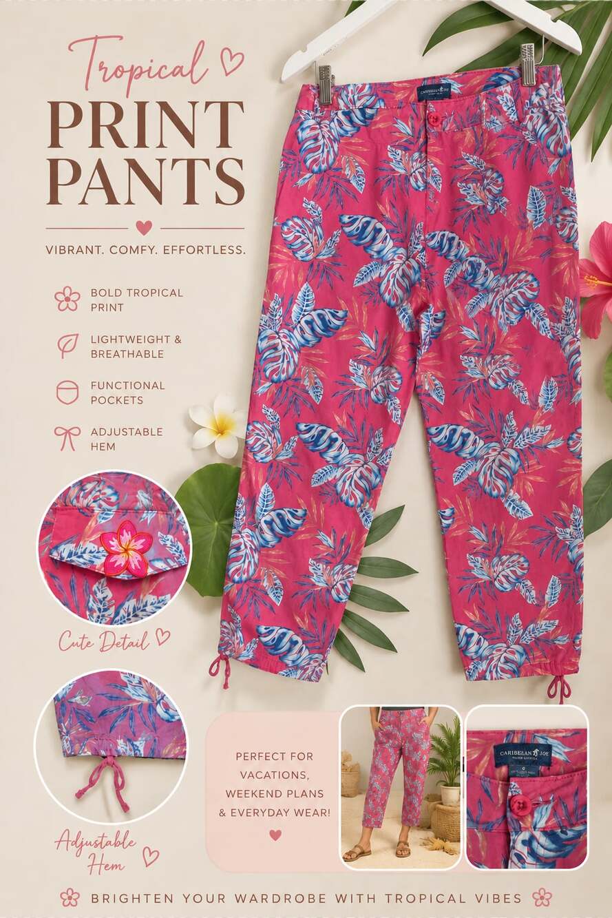 Caribbean Joe Tropical Print Adjustable Hem Pants Size 8